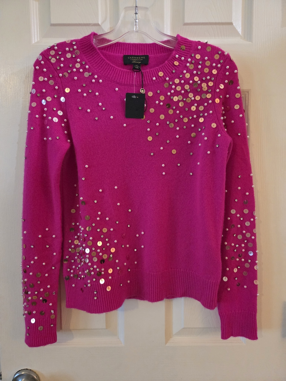 100% Cashmere Charter Club Hot Pink Sequin Crewneck Sweater